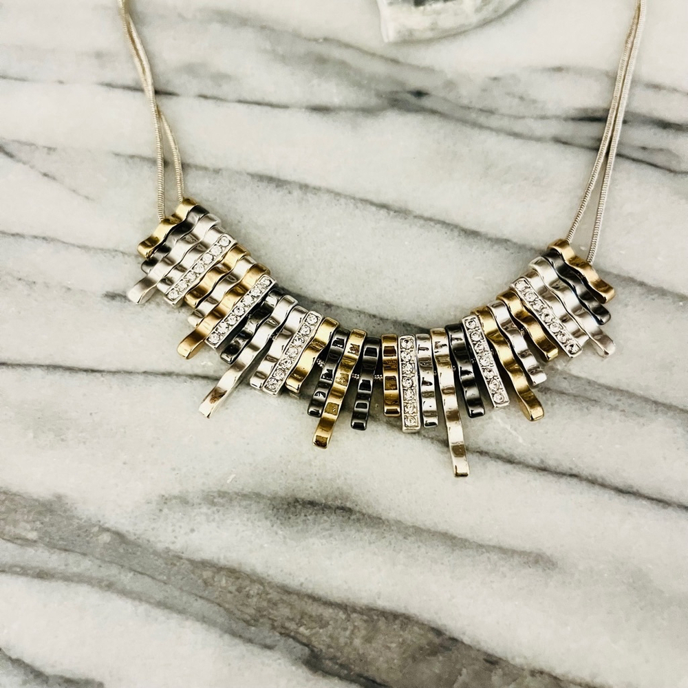 Nine West Mix Metal Statement Necklace Silver Gold Toned Pave Accent Edgy - Picture 2 of 7
